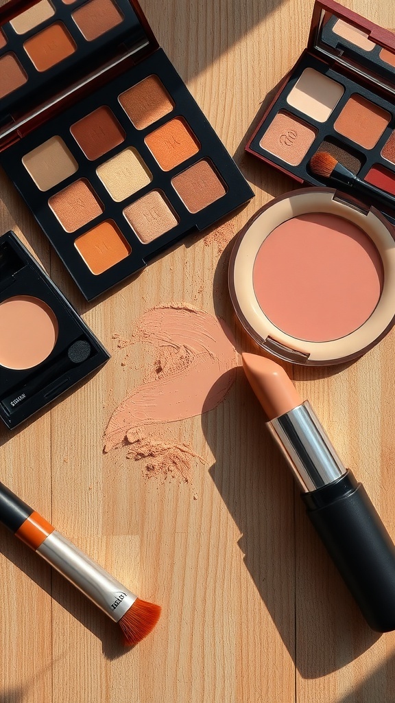 Perfect Toast Makeup Look Flat lay of warm makeup products including eyeshadow, blush, and lipstick on a wooden surface.